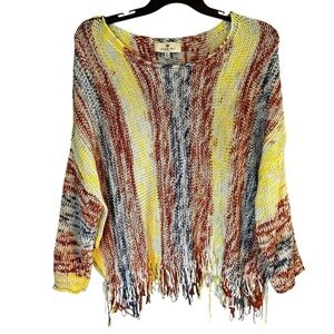 Laurie Felt Baja Fringe Yellow Brown Boho Women’s Lightweight Sweater Sz M/L